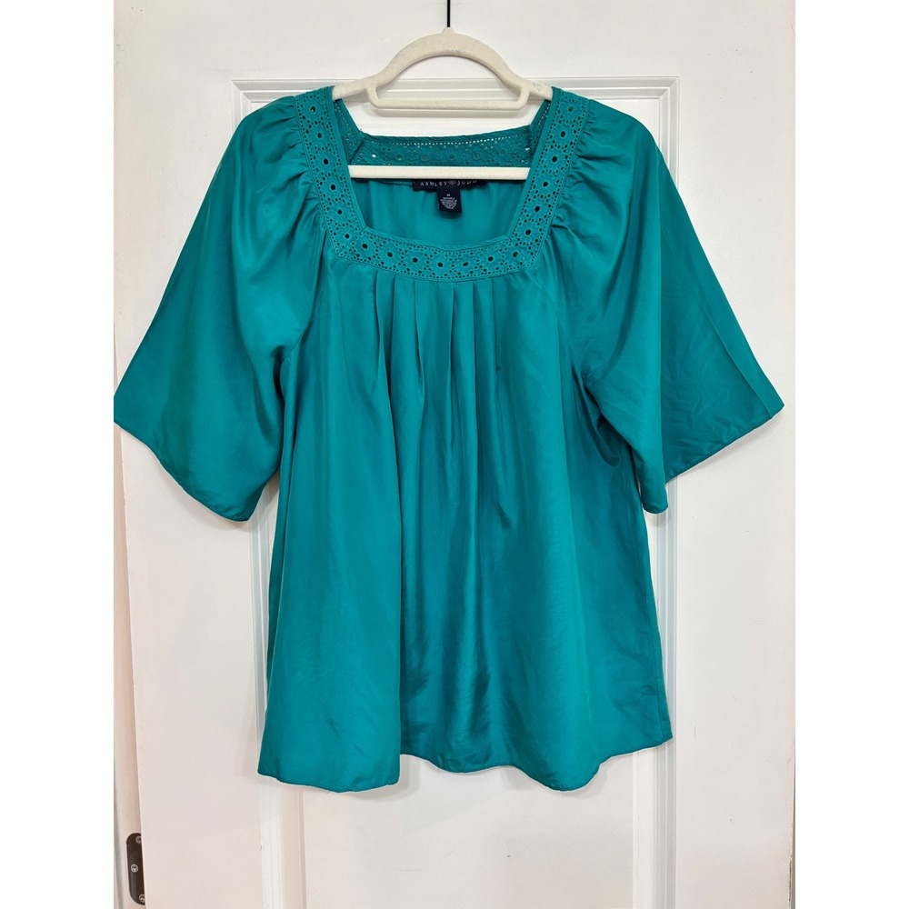 Ashley Judd Teal 100% Silk Eyelet Square Neck Kimono Sleeve Blouse Medium